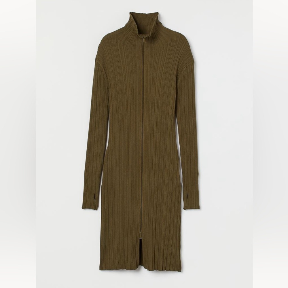 Olive green ribbed mock neck long sleeve zip up dress NWT